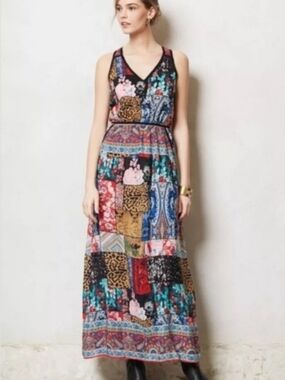Anthropologie Multicolor Patchwork V-Neck Maxi Dress